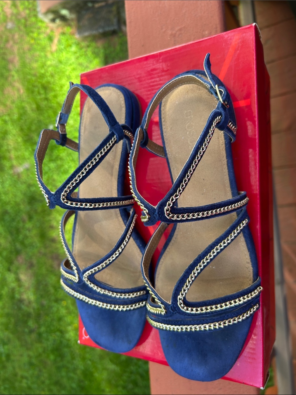 AEROSOLES Navy Blue Suede Chain-Trim Sandals - Picture 2 of 6